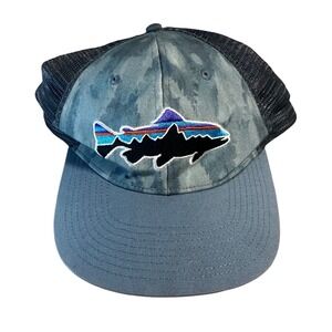Patagonia Trout Fish Logo Trucker Hat Cap Blue Mesh Adjustable Men